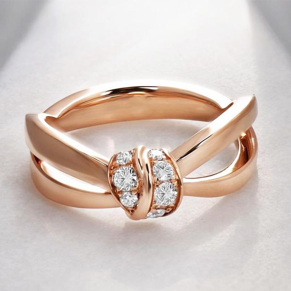 

cluster rings huitan rose gold color bowknot women ring crystal zircon cute birthday gift anniversary girl finger fashion fine jewelry, Golden;silver
