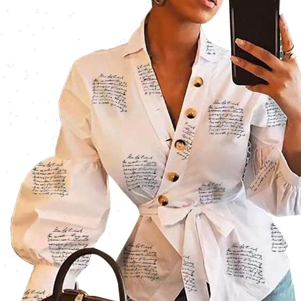 

2021 fashion long sleeve women fall v neck and blouses blusas mujer de moda bandage women streetwear outfits clothes, White