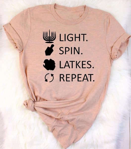 

light. spin. latkes. repeat. hanukkah holiday traditions slogan latkes love jewish holiday graphic women fashion aesthetic tees, White