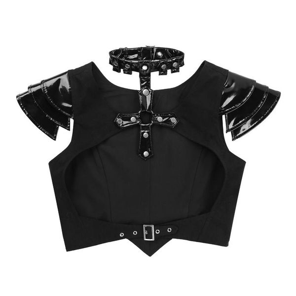 

bras sets women wetlook shiny patent leather halter neck short sleeve hollow out waistcoat adjustable buckle front cropped vest, Red;black