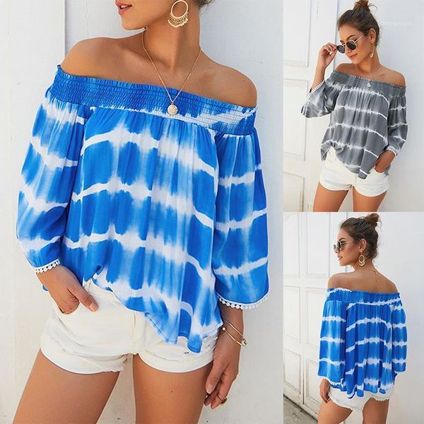 

striped tie-dyed printed summer women blouse shirt slash neck off shoulder tassel long sleeve casual plus size female women's blouses, White