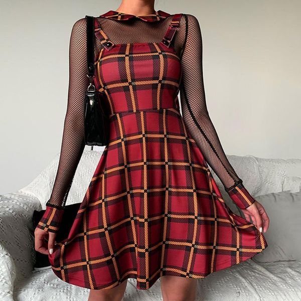 

casual dresses gothic plaid dress women red punk strap spring summer short ladies long sleeve mesh patchwork, Black;gray