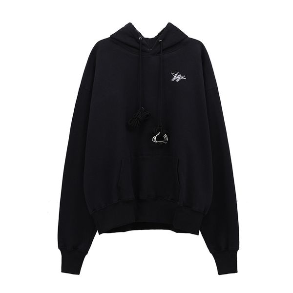

new jiechao we11 iron ring plush w letter printing men's loose hoodie, Black