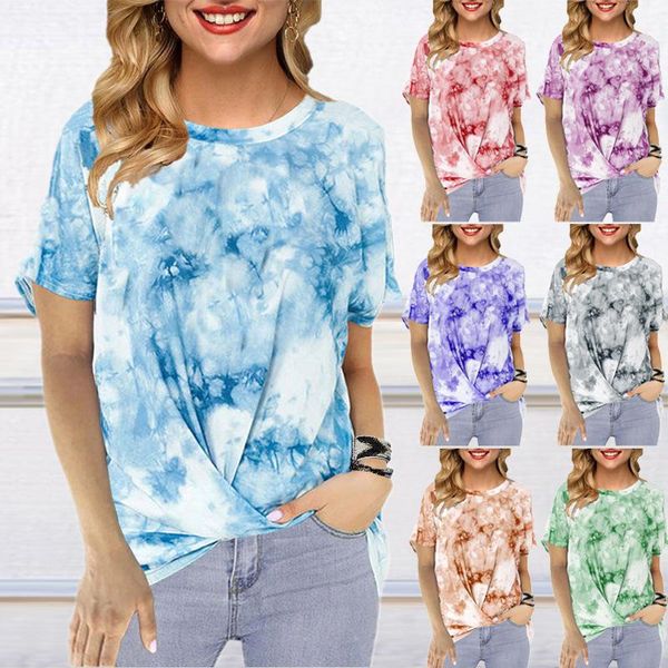 

women's t-shirt european and american clothing round neck loose tie-dye printing short-sleeved twisted casual o-neck, White
