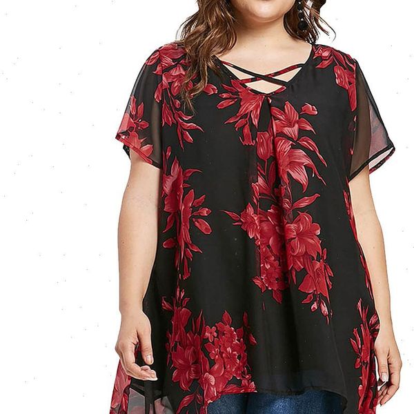 

womens and blouses plus size criss cross double chiffon print short sleeve shirt blouse shirt women feminina, White