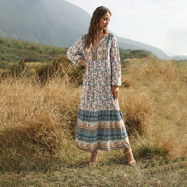 

ladies elegant summer long bohemian print women 2021 new full sleeve v-neck ankle length x3fs, Black;gray