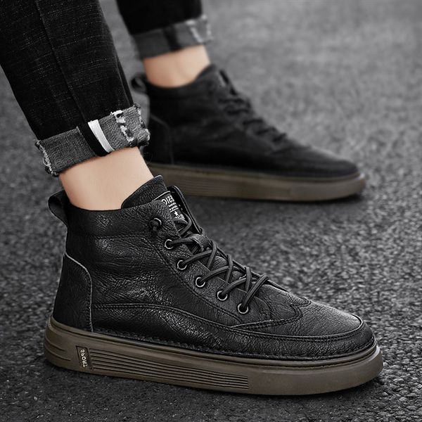 

shoes autumn high board men's casual leather black martin boots winter plush warm cotton tide