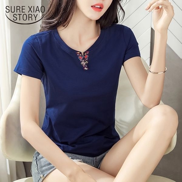 

fashion v-neck tees 2021 summer slim women embroidery t-shirt women casual solid short sleeve tshirt lady camiseta mujer 210315, White