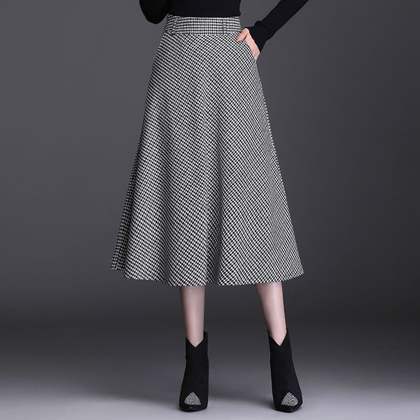 

skirts qianniao tweed mid autumn and winter korean high waist long leisure pleated check a-line skirt, Black