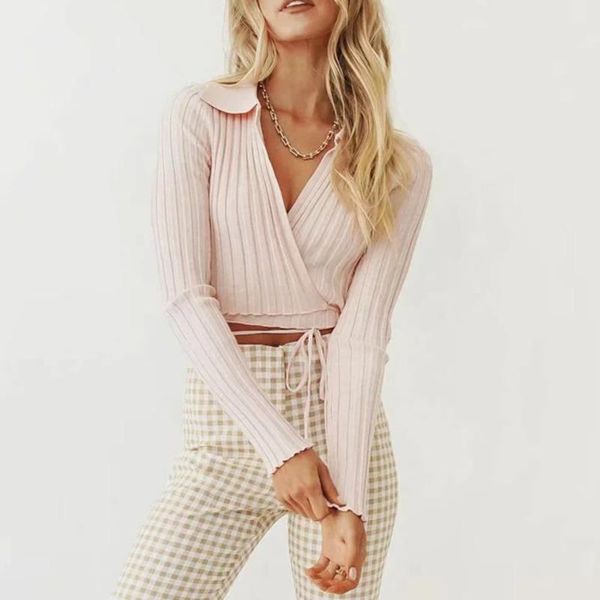 

women's knits & tees women collared ribbed knit wrap jumper with tie straps knitted crop a864, White