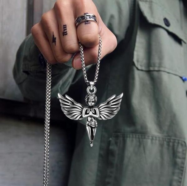 

pendant necklaces personality titanium steel necklace cherub little angel punk chain women male hip hop jewelry, Silver