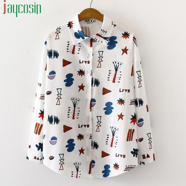 

women shirt long sleeve funny print fashion loose white blouse plus size ladies button pocket casual lapel femme blouse