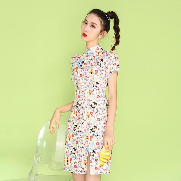 

casual dresses everyday cheongsam modern style young girl sweet and cute cartoon print ladies simple natural softness dress, Black;gray