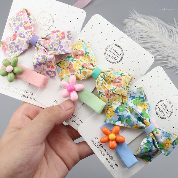 

hair accessories 2pcs children simple cute bow flower hairpins set fashion sweet girls printing fabric bows clips princess1, Slivery;white