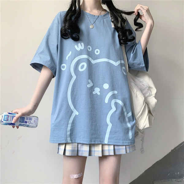 

kawaii bear print femme t-shirts 2021 summer japanese style alt clothes aesthetic cute cartoon tee shirt mujer, White