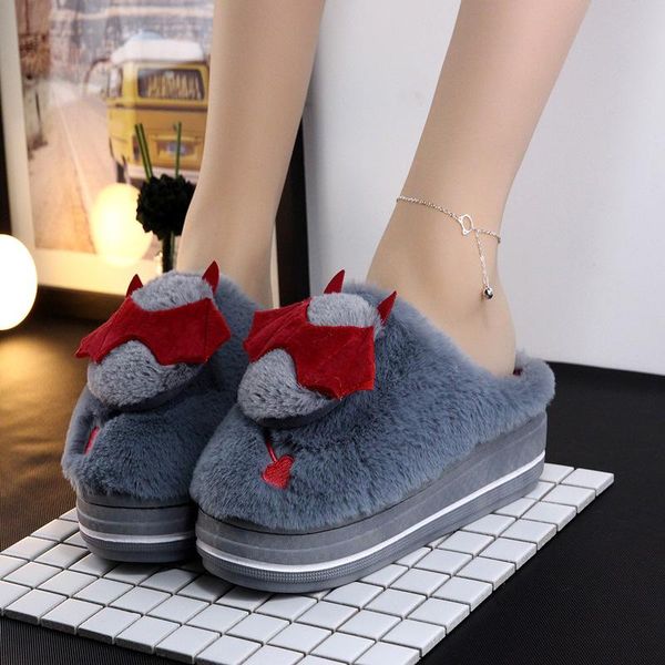 

slippers cute cartoon bat warm high heel thick winter muffin bottom cotton home women's non-slip flip flops women, Black