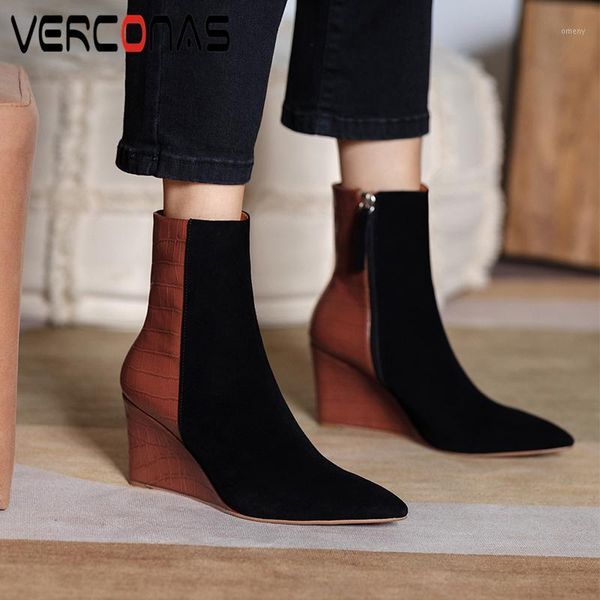 

boots verconas autumn winter office lady ankle for women concise pointed toe wedges heels shoes woman side zipper kid suede boot1, Black