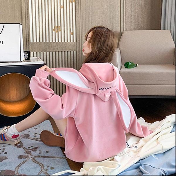 

sweet cute preppy style rabbit ears plus velvet thick hoodies women loose long sleeve pullover kangaroo pocket sweatshirt, Black