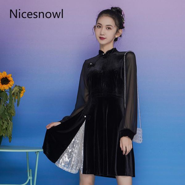 

2021 autumn new qipao velvet girl fashion chinese style sequin patchwork mini dress fashion women, Black;gray