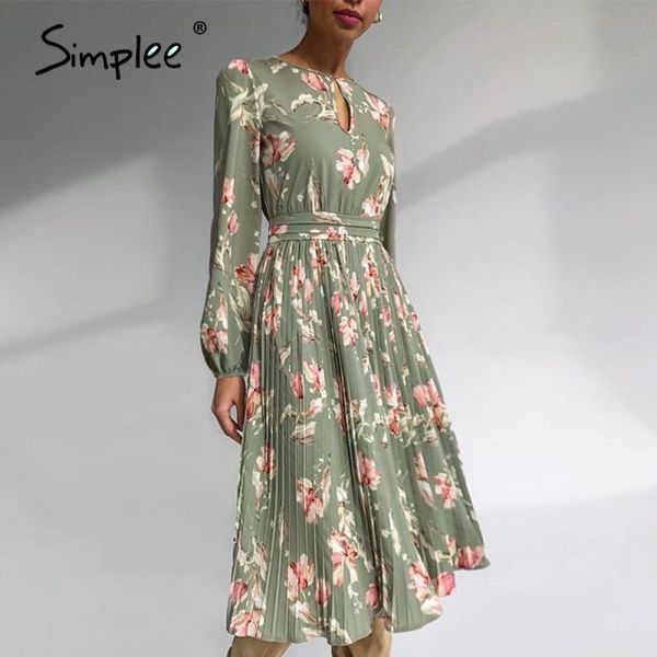 

simplee elegant floral print long dress women round neck long sleeve ruffled holiday dress middle waist autumn winter dresses 210302, Black;gray