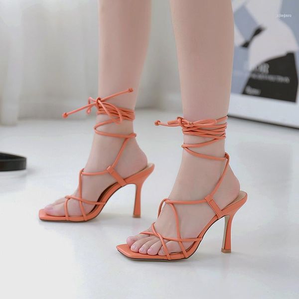 

sandals fashion women square toe cross strap ladies hollow ankle thin high heels pumps summer dress shoes lace up11, Black