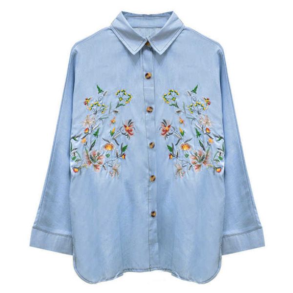 Vielleicht U Jean Denim Blue Floral Stickerei Turn Down Kragen Button Shirt Langarm Casual Frauen B0164 210529