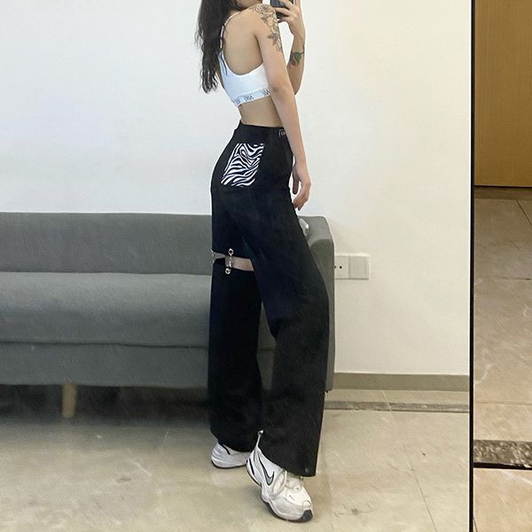 

fashion streetwear high waist women pants patchwork pocket slim splice hollow out trousers female autumn casual pants, Black;white
