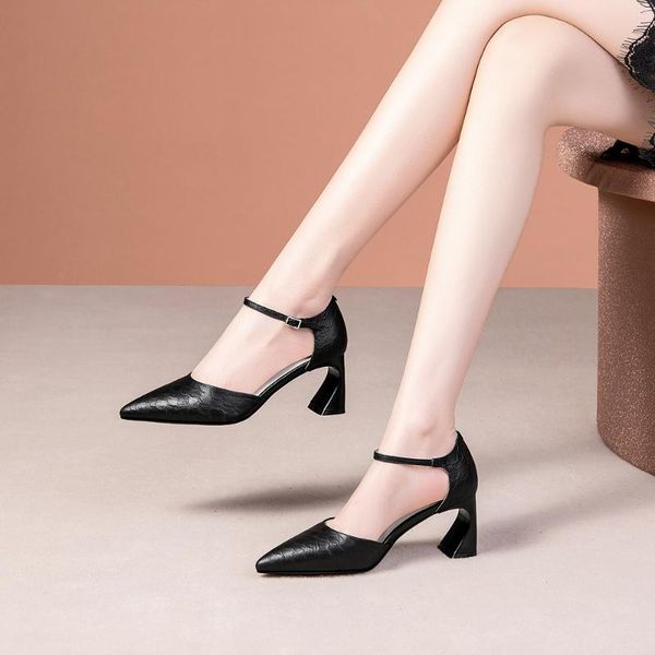 

2021 fashion women genuine leather high heel sandal ladies vintage heels women black summer pumps girls pointed toe shoes beige