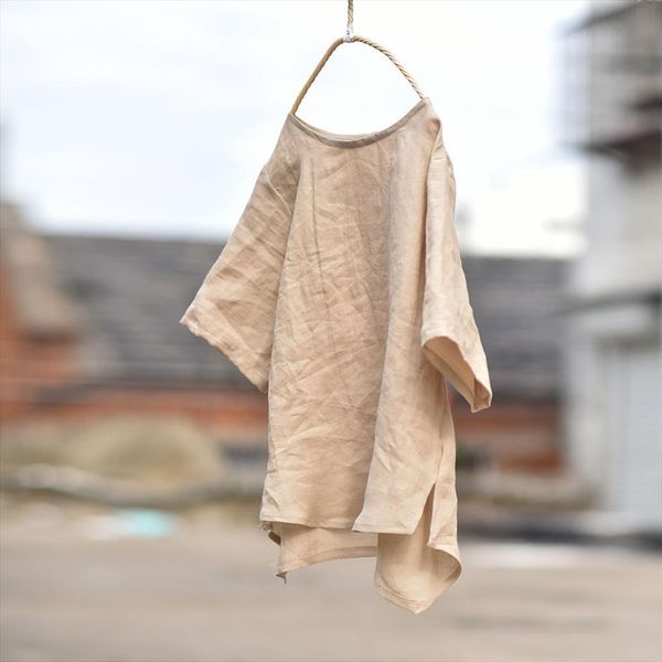 

ramie solid color irregular length women shirts vintage loose female summer, White