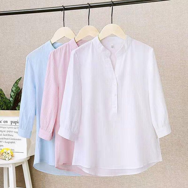 

women's blouses & shirts 2021 summer blouse 95% cotton stand collar half a cardigan white business loose pullover shirt female