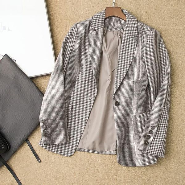 

women's wool & blends wollen trench women blend coat houndstooth suit was thin high-end commuter jacket, Black