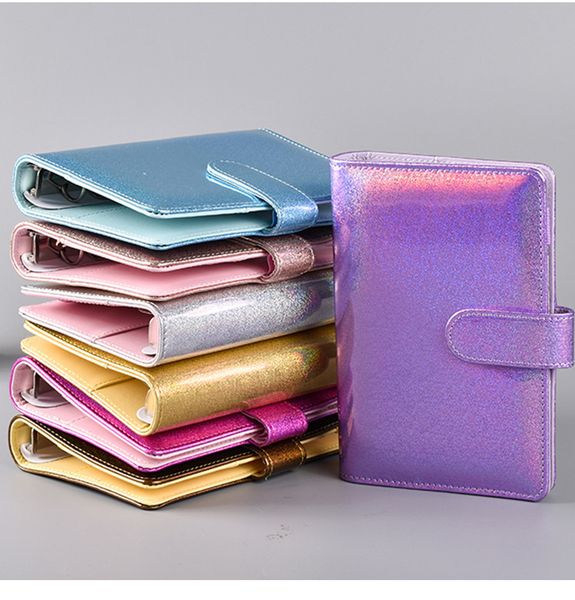 

a6 notebook binder glitter notepads 19*13cm loose leaf notebooks 9 colors without paper pu faux leather cover file folder spiral planners sc, Purple;pink