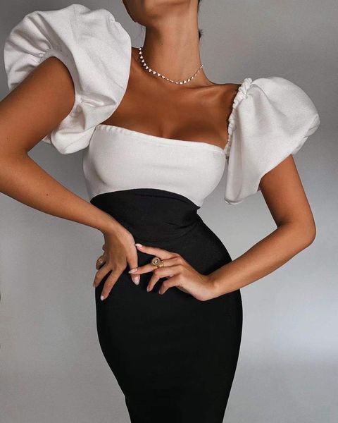 

new sinly women winter off shoulder patchwork midi bodycon bandage 2021 elegant evening party club vestidos 8328, Black;gray