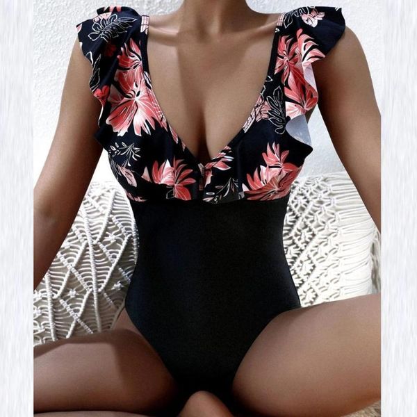 

women's swimwear charming women push swimsuit skin-friendly up one piece quick-drying ruffle floral print bathing suit for swimming poo, White;black