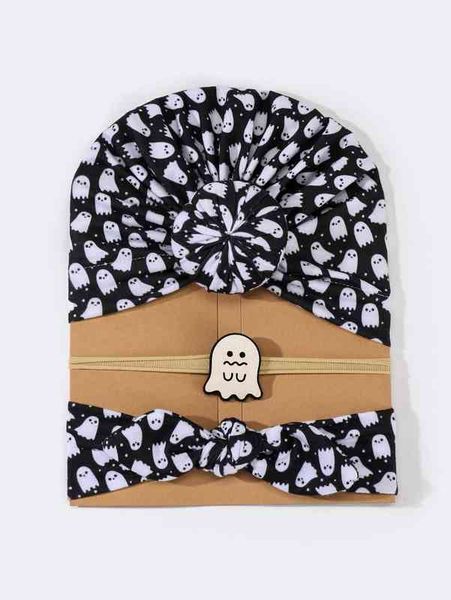 

2pcs baby halloween ghost print hair band & 1pc hat she, Yellow