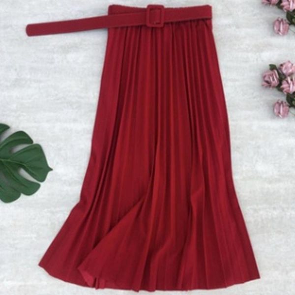 

skirts ladies skirt fashion women casual high waist solid color belt retro simple loose comfortable street pleated, Black