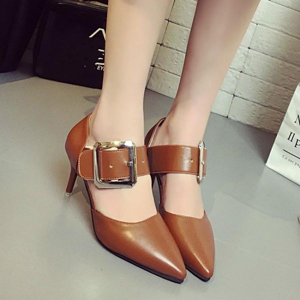 

dress shoes 2021 spring autumn women pumps fashion pointed toe wedding party stiletto wide belt buckle high heels casual j14-13, Black