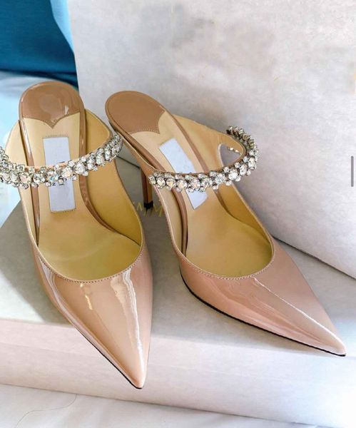 Bing Crystal-embelezado-couro de patente-couro sandálias cinta cintila twinkles moda broca de água apontada toe sandal verão slippers mulheres festa de casamento