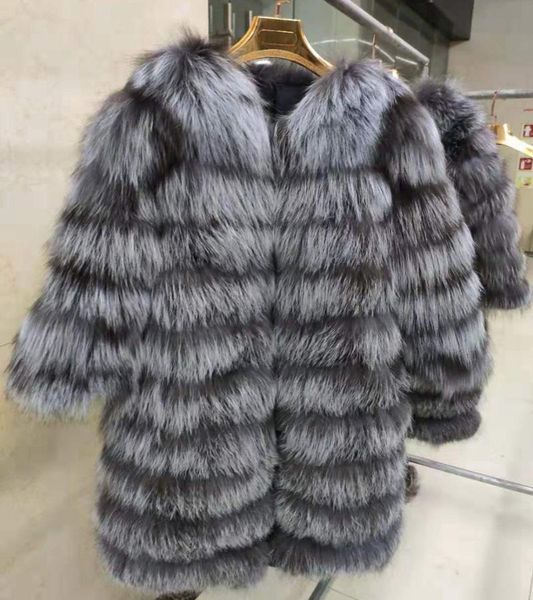 

women's fur & faux coats real silver coat winter clothing luxury jacket horizontal row length90cm, Black