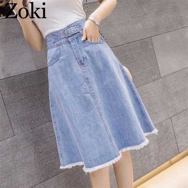 

zoki summer women midi denim skirt fashion casual tassel a-line harajuku female light blue skirt jeans elegant pocket moda mujer 210315, Black