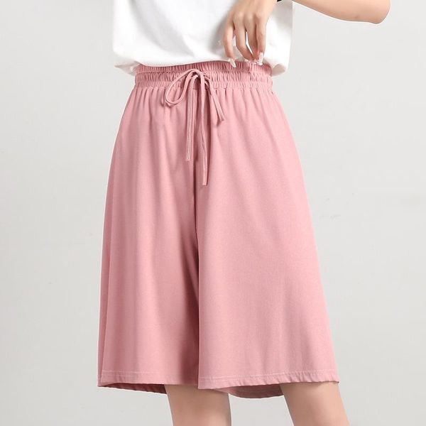 

women's shorts summer ice drape women high elastic waist drawstring loose pink flare woman streetwear casual half short pants, White;black