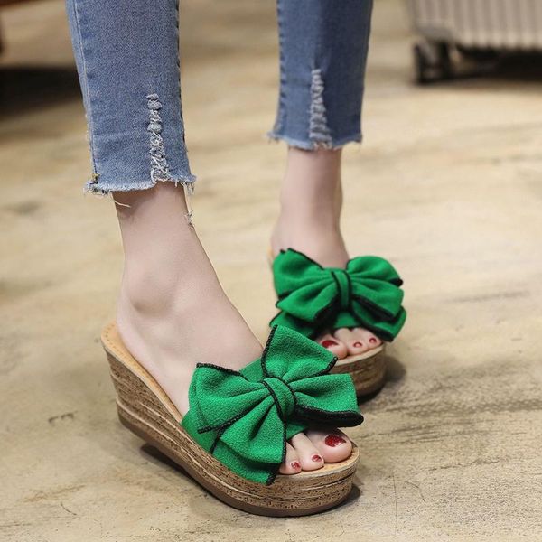 

slippers shoes woman bow wedges summer flip flops casual platform women home zapatos de mujer, Black