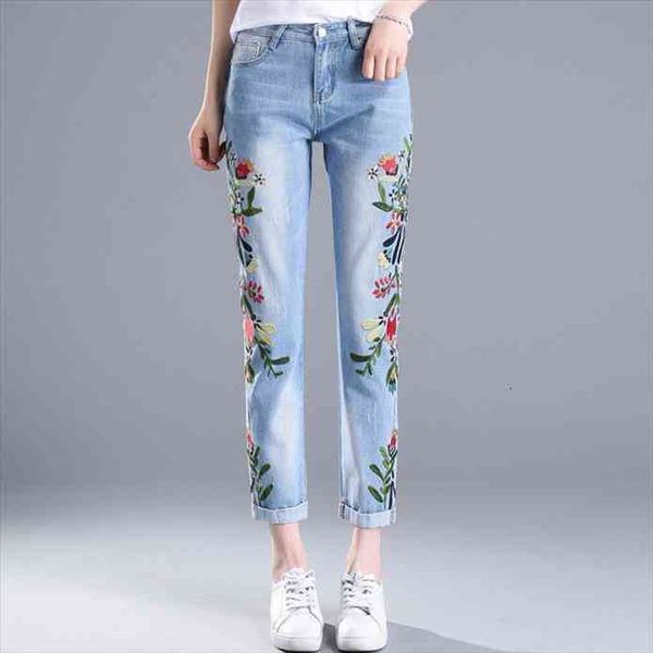 

spring summer embroidery flowers large size jeans womens pencil pants, Blue
