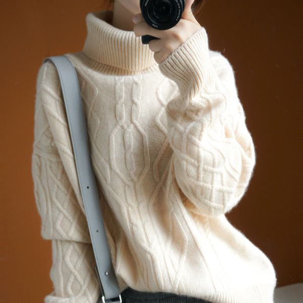 

2021 new women's high collar cashmere sweater, loose, uniform color, thick bottom, autumn and winter series dfkk, White;black