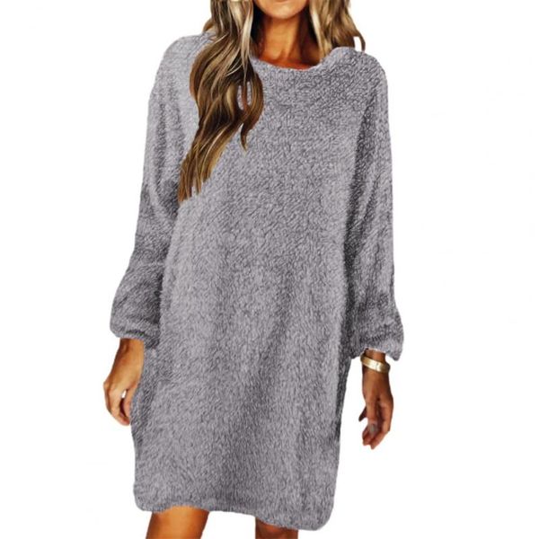 

casual dresses autumn women dress sweater plush loose round neck long sleeve, Black;gray