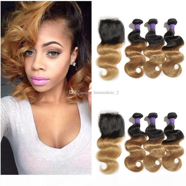 

ombre human hair body wave t1b 27 dark root honey blonde extensions 3 bundles with lace closure colored peruvian hair part closure, Black;brown