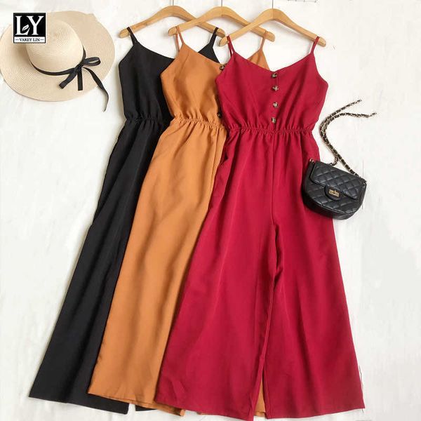 

ly varey lin summer women casual high waist suspender wide leg jumpsuit loose single breasted solid color female pants 210526, Black;white