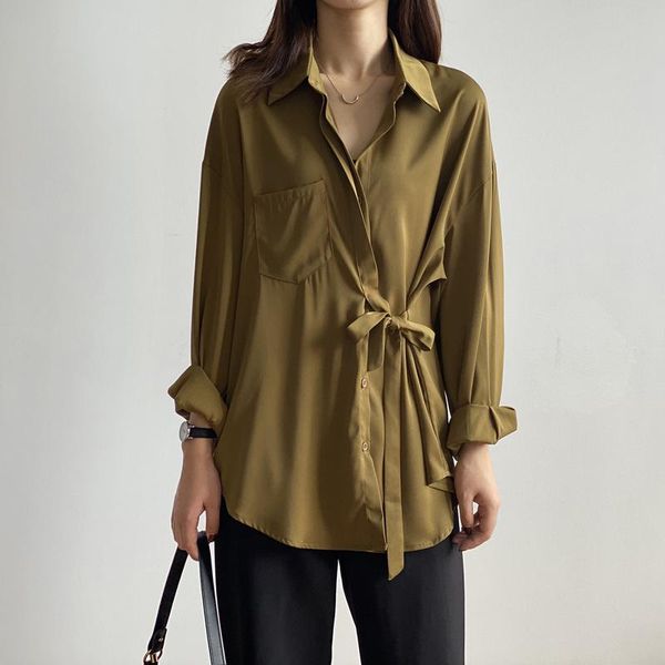 

women's jackets 2021 summer elegant women turn-down collar long sleeve lace up solid color casual loose noble shirts, Black;brown