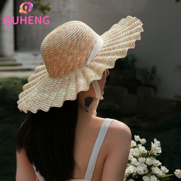 

beanie/skull caps quheng straw hat ruffled woman lace dome big brim beach outing sunshade z225, Blue;gray