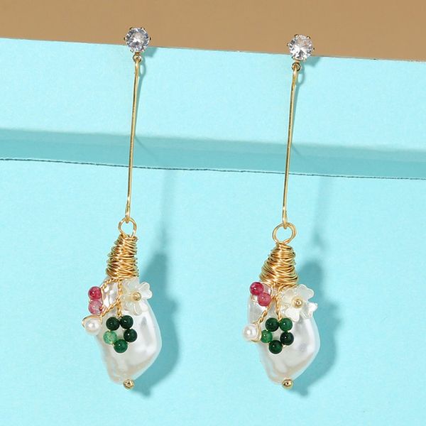 

wholesale 10 pairs gold plated wire wrap irregular shape pearl with stone beads stud earrings for women jewelry, Golden;silver